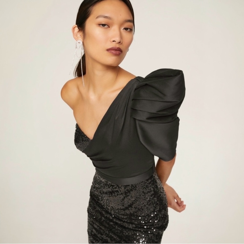 Badgley Mischka Black One-Shoulder Sequin Dress NWT Size 4 - Picture 5 of 16